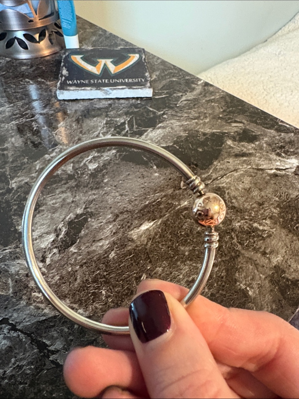 Pandora Silver/Rosegold Tone Expandable Charm Bangle Bracelet - Elegant Silver